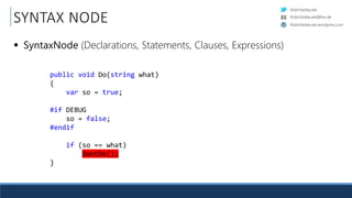 RobinSedlaczek
RobinSedlaczek.wordpress.com
RobinSedlaczek@live.de
SYNTAX NODE
 SyntaxNode (Declarations, Statements, Clauses, Expressions)
public void Do(string what)
{.
....var.so.=.true;.
.
#if.DEBUG.
....so.=.false;.
#endif.
.
....if.(so.==.what)
........DontDo();.
}.
 