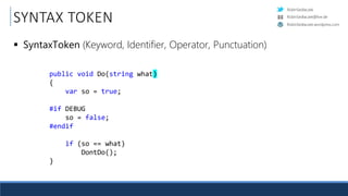 RobinSedlaczek
RobinSedlaczek.wordpress.com
RobinSedlaczek@live.de
SYNTAX TOKEN
 SyntaxToken (Keyword, Identifier, Operator, Punctuation)
public void Do(string what)
{.
....var.so.=.true;.
.
#if.DEBUG.
....so.=.false;.
#endif.
.
....if.(so.==.what)
........DontDo();.
}.
 