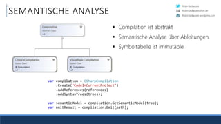 RobinSedlaczek
RobinSedlaczek.wordpress.com
RobinSedlaczek@live.de
SEMANTISCHE ANALYSE
 Compilation ist abstrakt
 Semantische Analyse über Ableitungen
 Symboltabelle ist immutable
var compilation = CSharpCompilation
.Create("CodeInCurrentProject")
.AddReferences(references)
.AddSyntaxTrees(trees);
var semanticModel = compilation.GetSemanticModel(tree);
var emitResult = compilation.Emit(path);
 