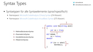 Syntax Types
 Syntaxtypen für alle Syntaxelemente (sprachspezifisch)
 Namespace: Microsoft.CodeAnalysis.CSharp.Syntax (214 Klassen)
 Namespace: Microsoft.CodeAnalysis.VisualBasic.Syntax (275 Klassen)
public.void.Do(string.what).
{.
....var.so.=.true;.
.
#if.DEBUG.
....so.=.false;.
#endif.
.
....if.(so.==.what).
........DontDo();.
}.
2
3
1
4
1 – MethodDeclarationSyntax
2 – ParameterListSyntax
3 – VariableDeclarationSyntax
4 – IfStatementSyntax
robinsedlaczek
robinsedlaczek.wordpress.com
 