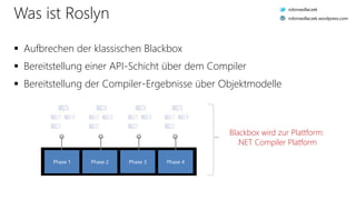 Was ist Roslyn
 Aufbrechen der klassischen Blackbox
 Bereitstellung einer API-Schicht über dem Compiler
 Bereitstellung der Compiler-Ergebnisse über Objektmodelle
Phase 1 Phase 2 Phase 3 Phase 4
Blackbox wird zur Plattform:
.NET Compiler Platform
robinsedlaczek
robinsedlaczek.wordpress.com
 