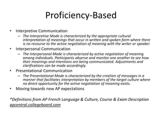 Proficiency-Based
• Interpretive Communication
    – The Interpretive Mode is characterized by the appropriate cultural
      interpretation of meanings that occur in written and spoken form where there
      is no recourse to the active negotiation of meaning with the writer or speaker.
• Interpersonal Communication
    – The Interpersonal Mode is characterized by active negotiation of meaning
      among individuals. Participants observe and monitor one another to see how
      their meanings and intentions are being communicated. Adjustments and
      clarifications can be made accordingly.
• Presentational Communication
    – The Presentational Mode is characterized by the creation of messages in a
      manner that facilitates interpretation by members of the target culture where
      no direct opportunity for the active negotiation of meaning exists.
• Moving towards new AP expectations

*Definitions from AP French Language & Culture, Course & Exam Description
apcentral.collegeboard.com
 