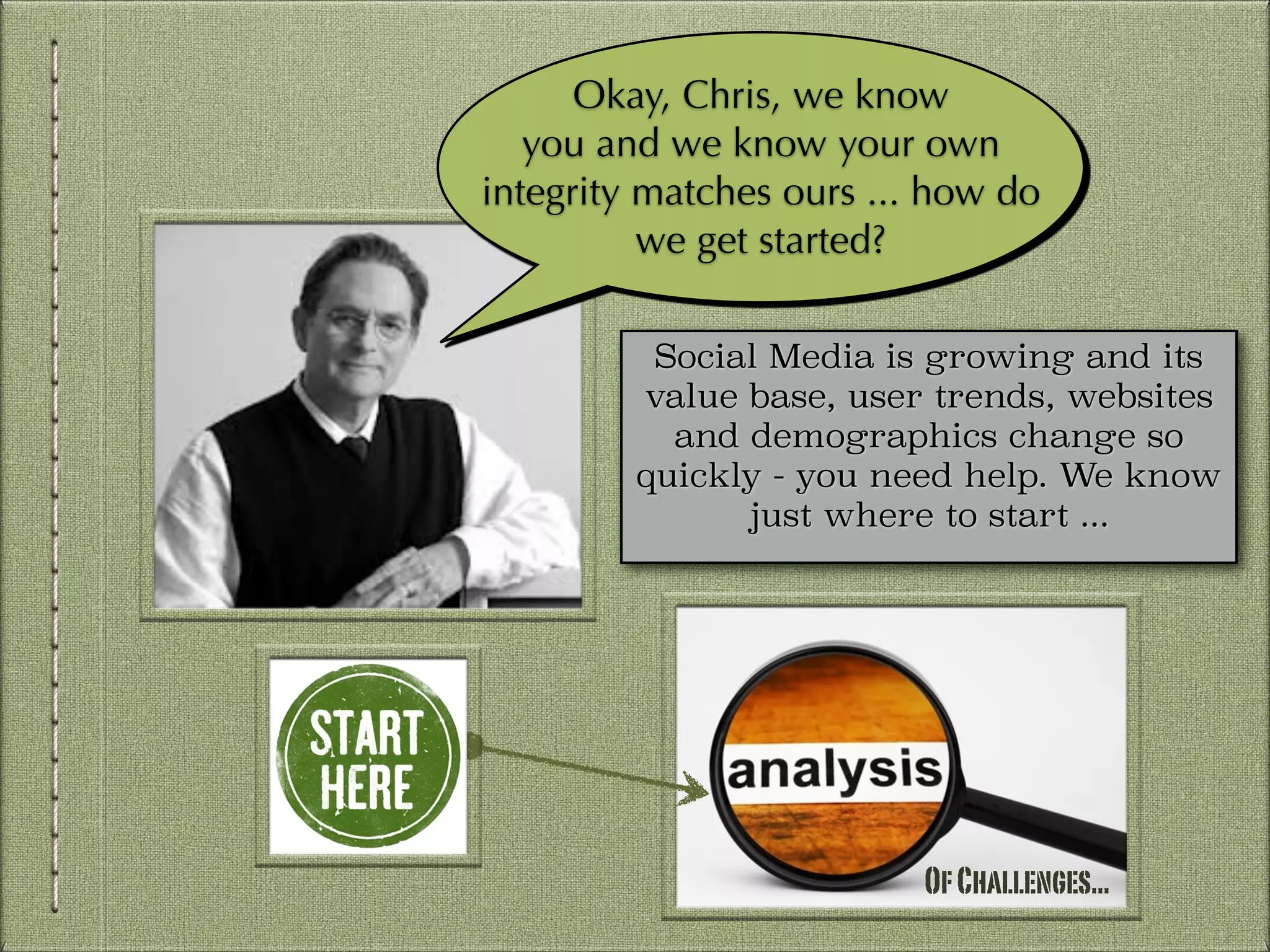 Okay, Chris, we know
you and we know your own
integrity matches ours ... how do
we get started?
Social Media is growing and its
value base, user trends, websites
and demographics change so
quickly - you need help. We know
just where to start ...

Of Challenges...

 