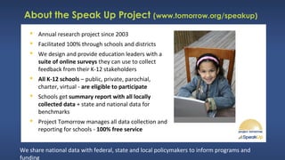 About the Speak Up Project (www.tomorrow.org/speakup)
 Annual research project since 2003
 Facilitated 100% through schools and districts
 We design and provide education leaders with a
suite of online surveys they can use to collect
feedback from their K-12 stakeholders
 All K-12 schools – public, private, parochial,
charter, virtual - are eligible to participate
 Schools get summary report with all locally
collected data + state and national data for
benchmarks
 Project Tomorrow manages all data collection and
reporting for schools - 100% free service
We share national data with federal, state and local policymakers to inform programs and
funding
 