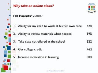 Why take an online class?


OH Parents’ views:


1. Ability for my child to work at his/her own pace   62%

2. Ability to ...