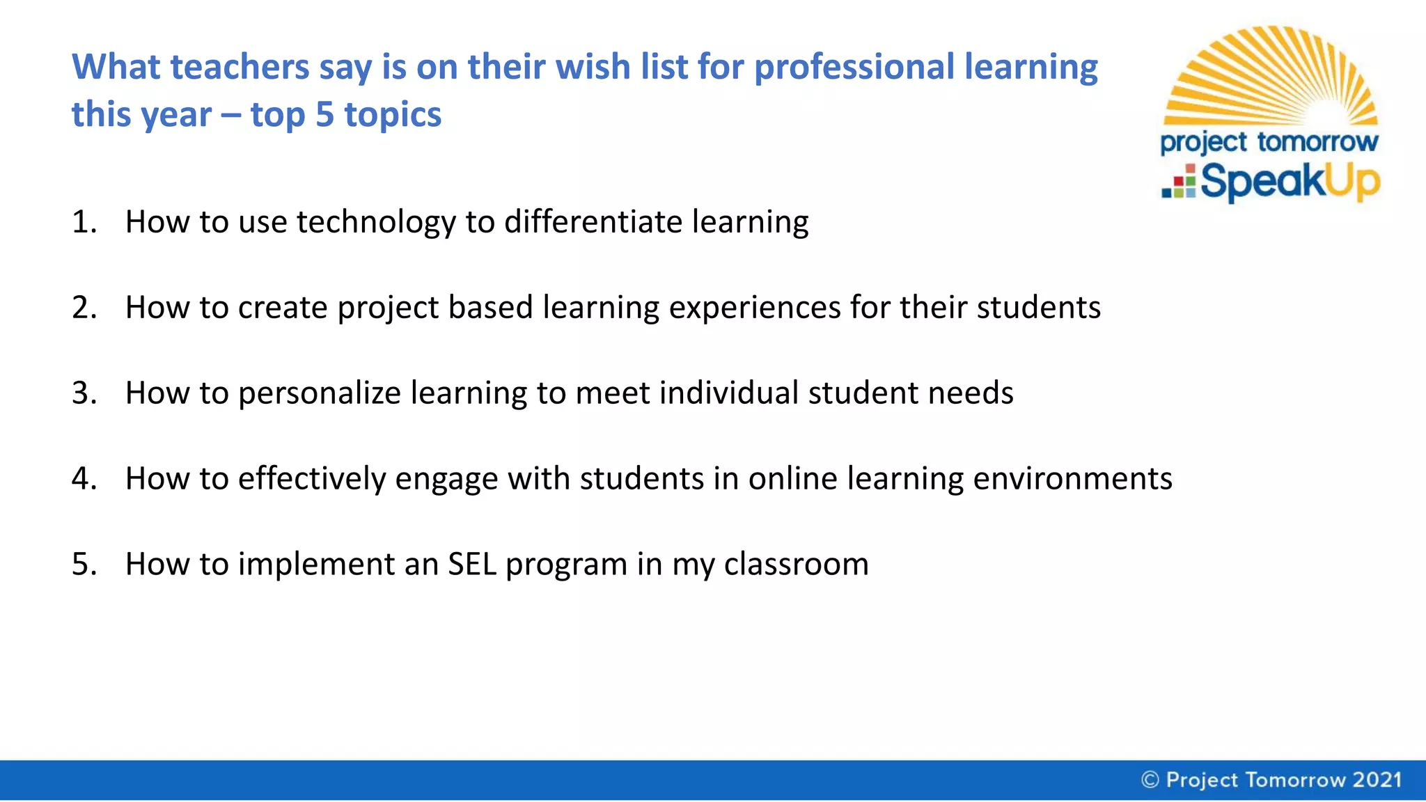 What teachers say is on their wish list for professional learning
this year – top 5 topics
1. How to use technology to differentiate learning
2. How to create project based learning experiences for their students
3. How to personalize learning to meet individual student needs
4. How to effectively engage with students in online learning environments
5. How to implement an SEL program in my classroom
 