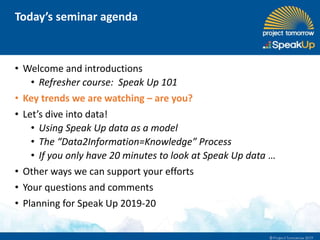 • Welcome and introductions
• Refresher course: Speak Up 101
• Key trends we are watching – are you?
• Let’s dive into data!
• Using Speak Up data as a model
• The “Data2Information=Knowledge” Process
• If you only have 20 minutes to look at Speak Up data …
• Other ways we can support your efforts
• Your questions and comments
• Planning for Speak Up 2019-20
Today’s seminar agenda
 