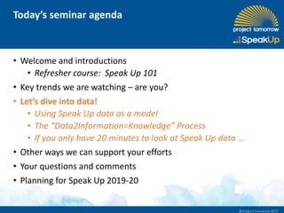• Welcome and introductions
• Refresher course: Speak Up 101
• Key trends we are watching – are you?
• Let’s dive into data!
• Using Speak Up data as a model
• The “Data2Information=Knowledge” Process
• If you only have 20 minutes to look at Speak Up data …
• Other ways we can support your efforts
• Your questions and comments
• Planning for Speak Up 2019-20
Today’s seminar agenda
 
