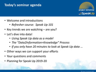 • Welcome and introductions
• Refresher course: Speak Up 101
• Key trends we are watching – are you?
• Let’s dive into data!
• Using Speak Up data as a model
• The “Data2Information=Knowledge” Process
• If you only have 20 minutes to look at Speak Up data …
• Other ways we can support your efforts
• Your questions and comments
• Planning for Speak Up 2019-20
Today’s seminar agenda
 