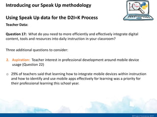 Introducing our Speak Up methodology
Using Speak Up data for the D2I=K Process
Teacher Data:
Question 17: What do you need to more efficiently and effectively integrate digital
content, tools and resources into daily instruction in your classroom?
Three additional questions to consider:
2. Aspiration: Teacher interest in professional development around mobile device
usage (Question 22)
o 29% of teachers said that learning how to integrate mobile devices within instruction
and how to identify and use mobile apps effectively for learning was a priority for
their professional learning this school year.
 