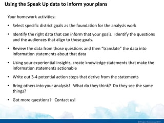 Using the Speak Up data to inform your plans
Your homework activities:
• Select specific district goals as the foundation for the analysis work
• Identify the right data that can inform that your goals. Identify the questions
and the audiences that align to those goals.
• Review the data from those questions and then “translate” the data into
information statements about that data
• Using your experiential insights, create knowledge statements that make the
information statements actionable
• Write out 3-4 potential action steps that derive from the statements
• Bring others into your analysis! What do they think? Do they see the same
things?
• Got more questions? Contact us!
 