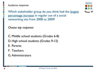 © Project Tomorrow 2010 Audience response Which stakeholder group do you think had the  largest percentage increase  in regular use of a social networking site from 2008 to 2009? Choose top response: Middle school students (Grades 6-8) High school students (Grades 9-12)  Parents Teachers  Administrators 