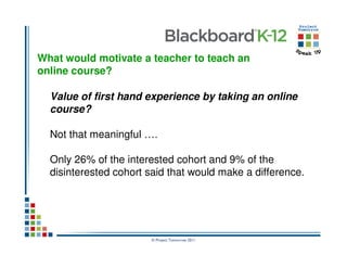 What would motivate a teacher to teach an
online course?

  Value of first hand experience by taking an online
  course?

  Not that meaningful ….

  Only 26% of the interested cohort and 9% of the
  disinterested cohort said that would make a difference.




                       © Project Tomorrow 2011
 