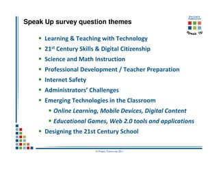 Speak Up survey question themes

      Learning & Teaching with Technology
      21st Century Skills & Digital Citizenship
      Science and Math Instruction
      Professional Development / Teacher Preparation
      Internet Safety
      Administrators’ Challenges
      Emerging Technologies in the Classroom
         Online Learning, Mobile Devices, Digital Content
         Educational Games, Web 2.0 tools and applications
      Designing the 21st Century School

                         © Project Tomorrow 2011
 