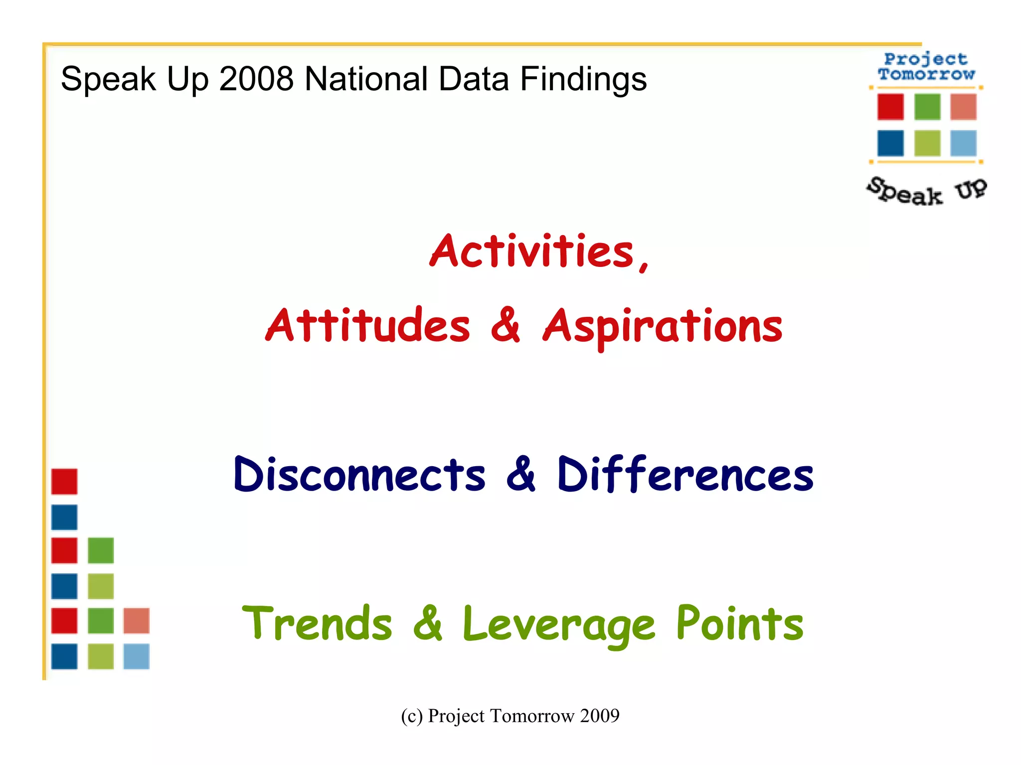 Activities,  Attitudes & Aspirations Disconnects & Differences Trends & Leverage Points (c) Project Tomorrow 2009 Speak Up 2008 National Data Findings 