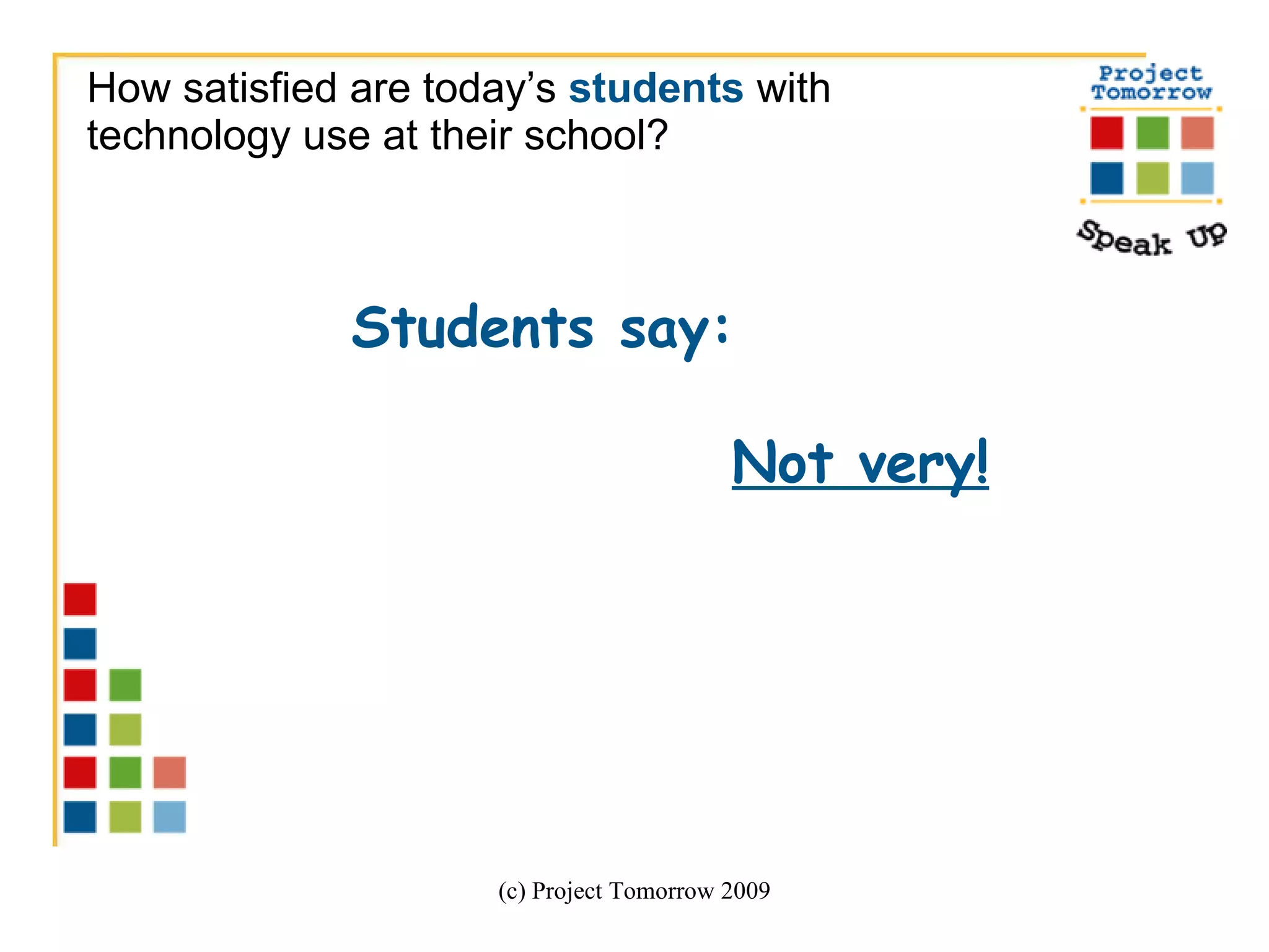 How satisfied are today’s  students  with  technology use at their school? (c) Project Tomorrow 2009 Students say: Not very! 