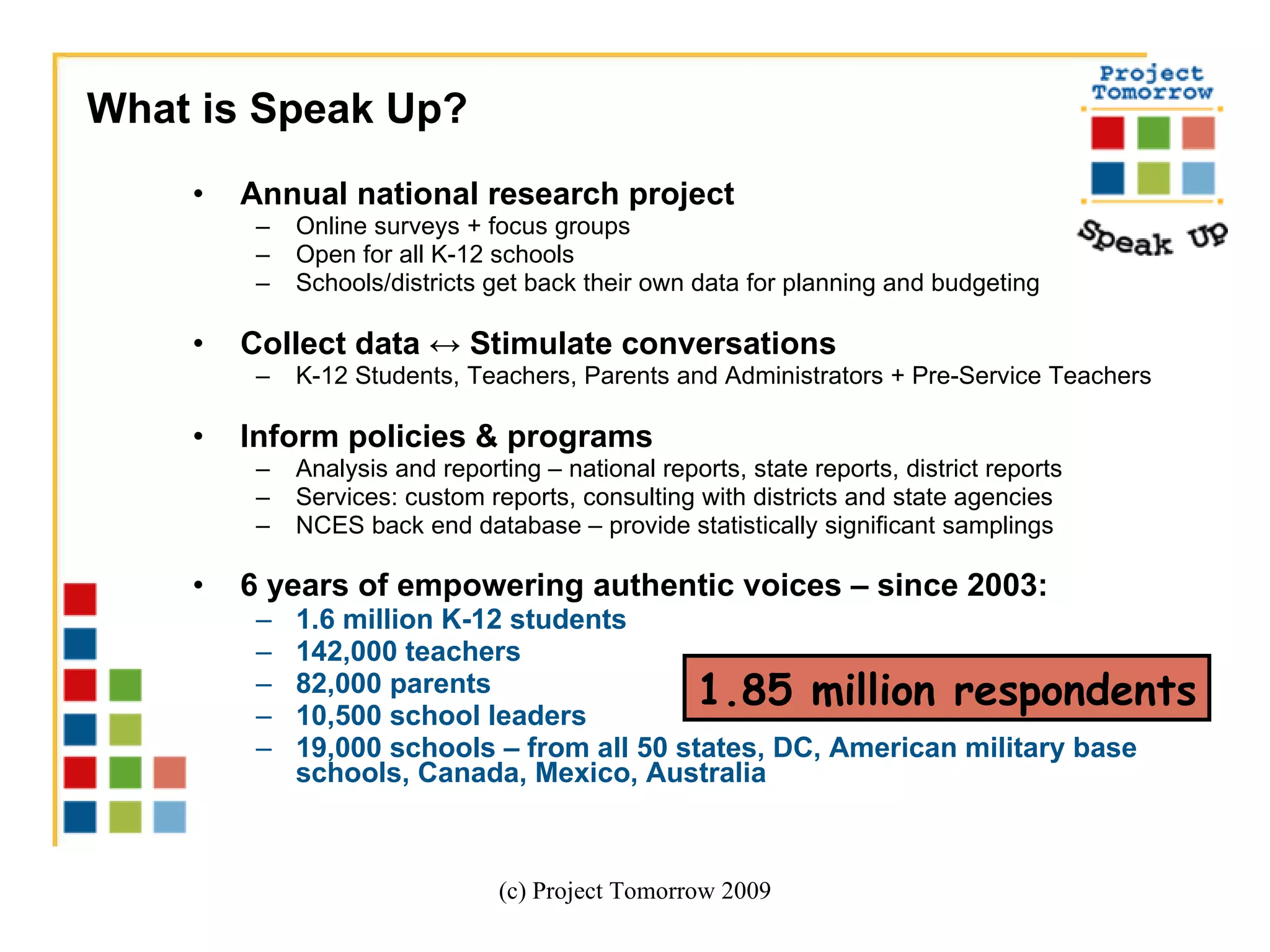 Annual national research project Online surveys + focus groups Open for all K-12 schools Schools/districts get back their own data for planning and budgeting Collect data  ↔ Stimulate conversations K-12 Students, Teachers, Parents and Administrators + Pre-Service Teachers  Inform policies & programs Analysis and reporting – national reports, state reports, district reports  Services: custom reports, consulting with districts and state agencies NCES back end database – provide statistically significant samplings  6 years of empowering authentic voices – since 2003:   1.6 million K-12 students 142,000 teachers 82,000 parents 10,500 school leaders 19,000 schools – from all 50 states, DC, American military base schools, Canada, Mexico, Australia (c) Project Tomorrow 2009 What is Speak Up? 1.85 million respondents 