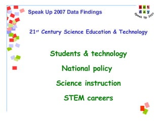 21 st  Century Science Education & Technology Students & technology National policy  Science instruction STEM careers Speak Up 2007 Data Findings 