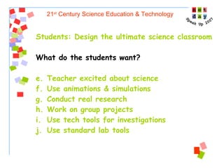 21 st  Century Science Education & Technology Students: Design the ultimate science classroom What do the students want? Teacher excited about science Use animations & simulations Conduct real research Work on group projects Use tech tools for investigations Use standard lab tools 