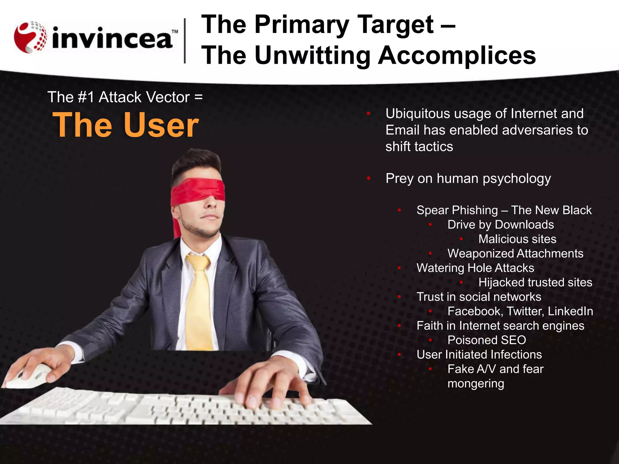 The Primary Target –
The Unwitting Accomplices
The User
The #1 Attack Vector =
• Ubiquitous usage of Internet and
Email has enabled adversaries to
shift tactics
• Prey on human psychology
• Spear Phishing – The New Black
• Drive by Downloads
• Malicious sites
• Weaponized Attachments
• Watering Hole Attacks
• Hijacked trusted sites
• Trust in social networks
• Facebook, Twitter, LinkedIn
• Faith in Internet search engines
• Poisoned SEO
• User Initiated Infections
• Fake A/V and fear
mongering
 
