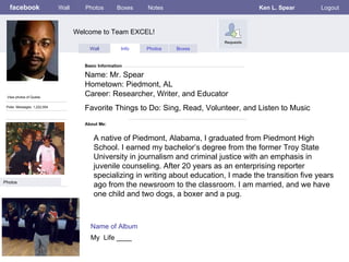 facebook Welcome to Team EXCEL! About Me: Wall Photos Boxes Notes Ken L. Spear  Logout Wall Info Photos Boxes Basic Information Photos Name: Mr. Spear  Hometown: Piedmont, AL Career: Researcher, Writer, and Educator Favorite Things to Do: Sing, Read, Volunteer, and Listen to Music   Name of Album My  Life ____  View photos of Quebe. Poke  Messages: 1,222,004 A native of Piedmont, Alabama, I graduated from Piedmont High School. I earned my bachelor’s degree from the former Troy State University in journalism and criminal justice with an emphasis in juvenile counseling. After 20 years as an enterprising reporter specializing in writing about education, I made the transition five years ago from the newsroom to the classroom. I am married, and we have one child and two dogs, a boxer and a pug.  