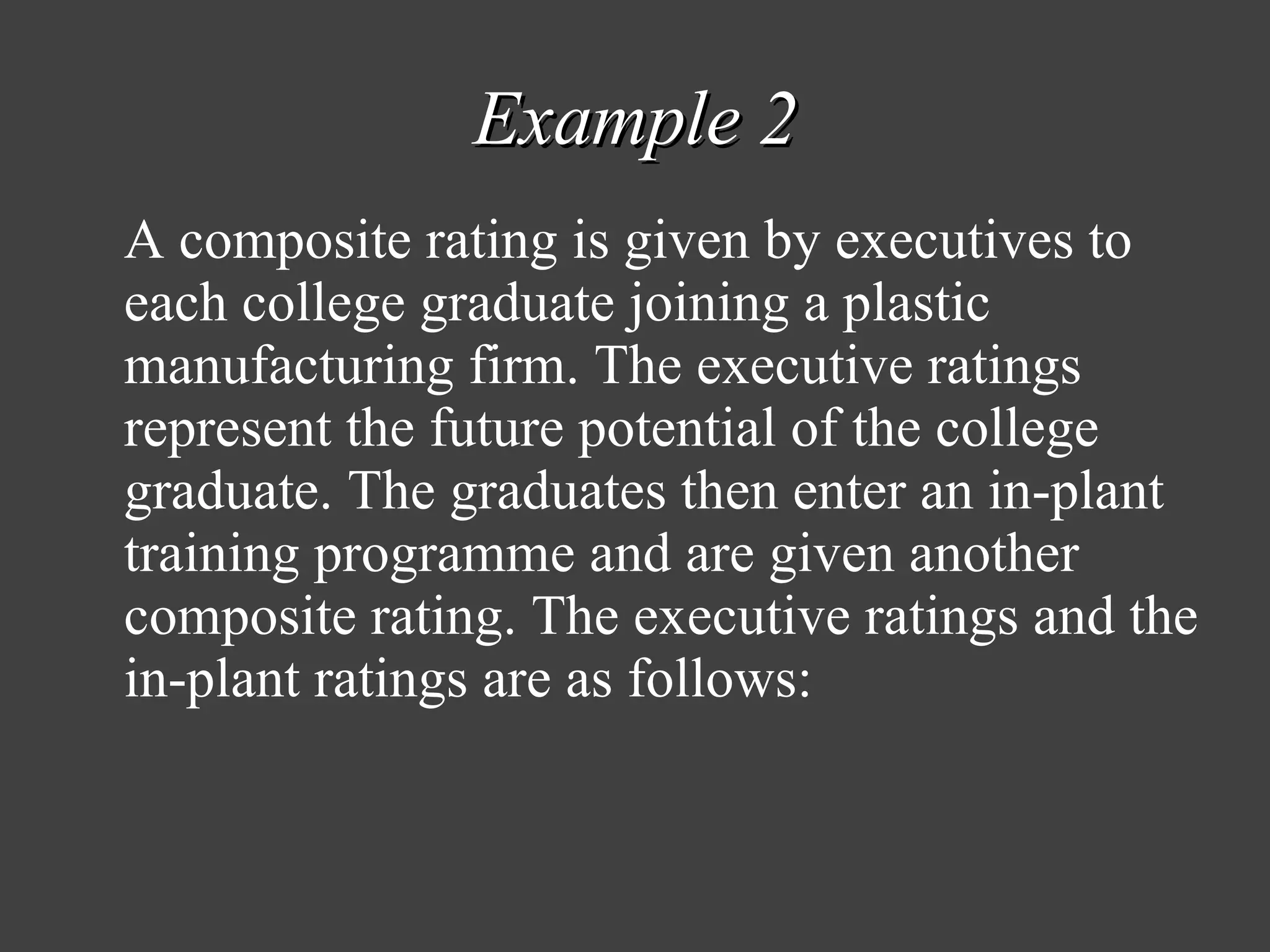Example 2 A composite rating is given by executives to each college graduate joining a plastic manufacturing firm. The executive ratings represent the future potential of the college graduate. The graduates then enter an in-plant training programme and are given another composite rating. The executive ratings and the in-plant ratings are as follows: 