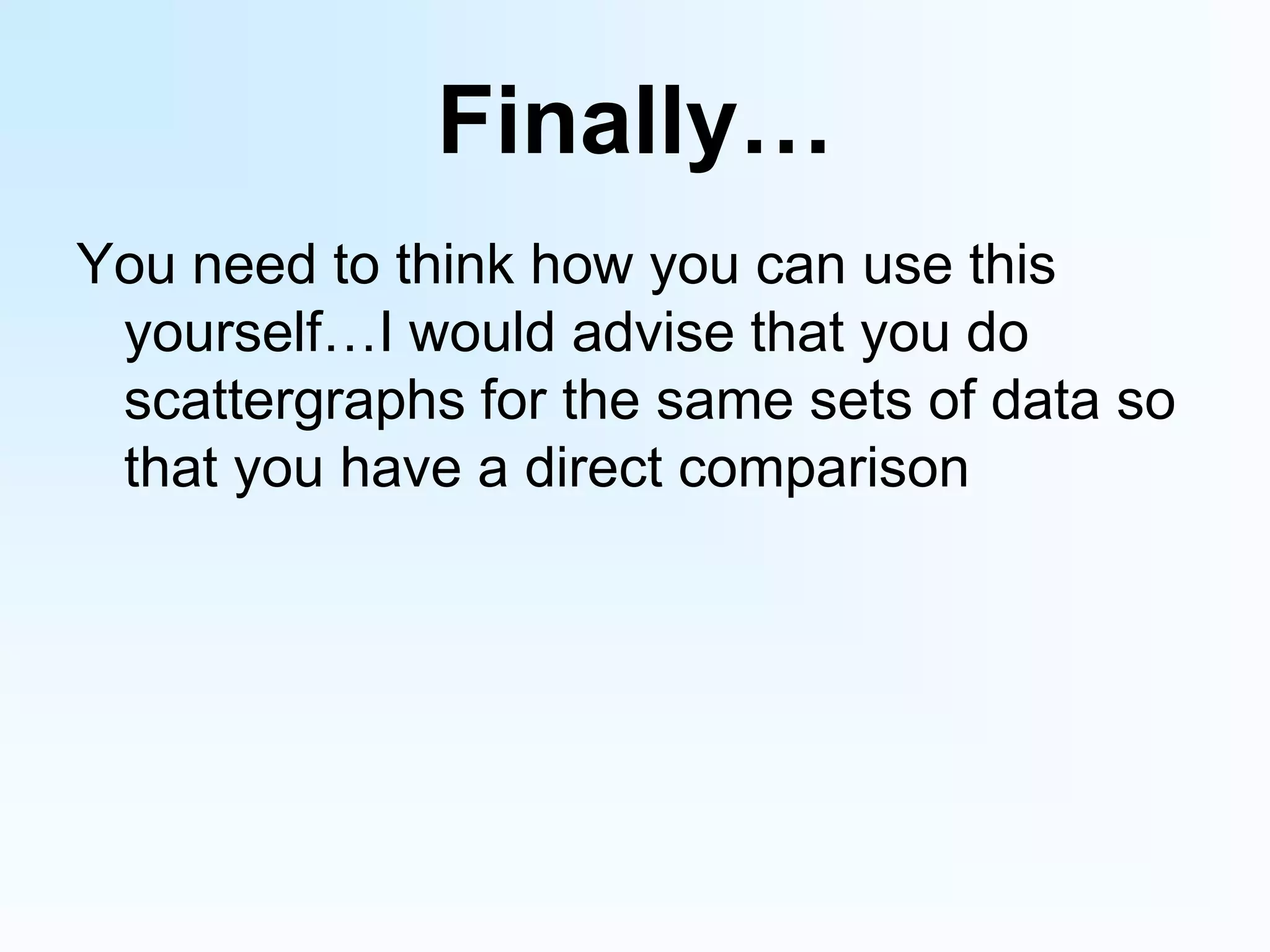 Finally…You need to think how you can use this yourself…I would advise that you do scattergraphs for the same sets of data so that you have a direct comparison