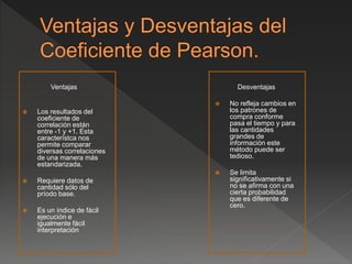 Ventajas
 Los resultados del
coeficiente de
correlación están
entre -1 y +1. Esta
característca nos
permite comparar
diversas correlaciones
de una manera más
estandarizada.
 Requiere datos de
cantidad sólo del
príodo base.
 Es un índice de fácil
ejecución e
igualmente fácil
interpretación
Desventajas
 No refleja cambios en
los patrones de
compra conforme
pasa el tiempo y para
las cantidades
grandes de
información este
método puede ser
tedioso.
 Se limita
significativamente si
no se afirma con una
cierta probabilidad
que es diferente de
cero.
 