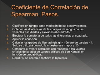 1. Clasificar en rangos cada medición de las observaciones.
2. Obtener las diferencias de las parejas de rangos de las
variables estudiadas y elevadas al cuadrado.
3. Efectuar la sumatoria de todas las diferencias al cuadrado.
4. Aplicar la ecuación.
5. Calcular los grados de libertad (gl). gl = número de parejas - 1.
Solo se utilizará cuando la muestra sea mayor a 10.
6. Comparar el valor r calculado con respecto a los valores
críticos de la tabla de valores críticos de t de Kendall en
función de probabilidad.
7. Decidir si se acepta o rechaza la hipótesis.
 