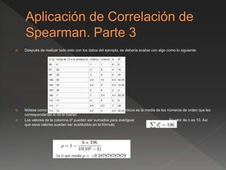  Después de realizar todo esto con los datos del ejemplo, se debería acabar con algo como lo siguiente:
 Nótese como el número de orden de los valores que son idénticos es la media de los números de orden que les
corresponderían si no lo fueran.
 Los valores de la columna d2 pueden ser sumados para averiguar . El valor de n es 10. Así
que esos valores pueden ser sustituidos en la fórmula.
 