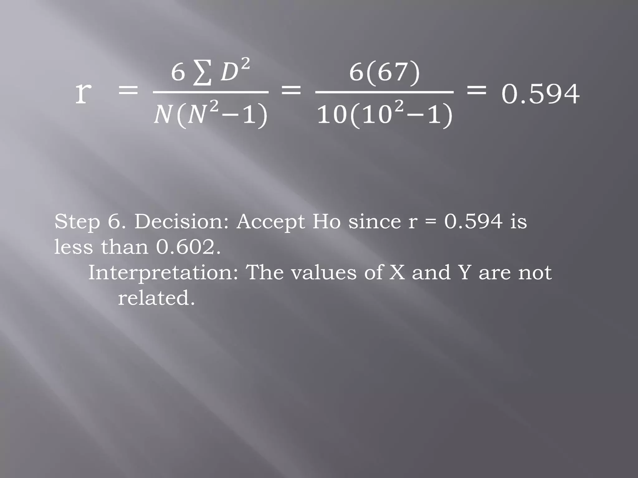 Step 6. Decision: Accept Ho since r = 0.594 is
less than 0.602.
Interpretation: The values of X and Y are not
related.