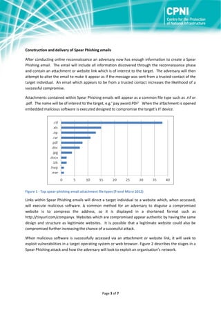 Construction and delivery of Spear Phishing emails
After conducting online reconnaissance an adversary now has enough information to create a Spear
Phishing email. The email will include all information discovered through the reconnaissance phase
and contain an attachment or website link which is of interest to the target. The adversary will then
attempt to alter the email to make it appear as if the message was sent from a trusted contact of the
target individual. An email which appears to be from a trusted contact increases the likelihood of a
successful compromise.
Attachments contained within Spear Phishing emails will appear as a common file type such as .rtf or
.pdf. The name will be of interest to the target, e.g.’ pay award.PDF’ When the attachment is opened
embedded malicious software is executed designed to compromise the target’s IT device.

Figure 1 - Top spear-phishing email attachment file types (Trend Micro 2012)

Links within Spear Phishing emails will direct a target individual to a website which, when accessed,
will execute malicious software. A common method for an adversary to disguise a compromised
website is to compress the address, so it is displayed in a shortened format such as
http://tinyurl.com/companyx. Websites which are compromised appear authentic by having the same
design and structure as legitimate websites. It is possible that a legitimate website could also be
compromised further increasing the chance of a successful attack.
When malicious software is successfully accessed via an attachment or website link, it will seek to
exploit vulnerabilities in a target operating system or web browser. Figure 2 describes the stages in a
Spear Phishing attack and how the adversary will look to exploit an organisation’s network.

Page 3 of 7

 