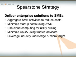 Spearstone Strategy Deliver enterprise solutions to SMBs Aggregate SMB activities to reduce costs Minimize startup costs using AWS Use cloud computing for utility pricing Minimize CoCA using trusted advisors Leverage industry knowledge & micro target 