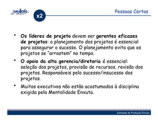 Pessoas Certas
           x2


•   Os líderes de projeto devem ser gerentes eficazes
    de projetos: o planejamento dos projetos é essencial
    para assegurar o sucesso. O planejamento evita que os
    projetos se “arrastem” no tempo.
•   O apoio da alta gerencia/diretoria é essencial:
    seleção dos projetos, provisão de recursos, revisão dos
    projetos. Responsáveis pelo sucesso/insucesso dos
    projetos.
•   Muitos executivos não estão acostumados à disciplina
    exigida pela Mentalidade Enxuta.



                                               Sistemas de Produção Enxuta
 