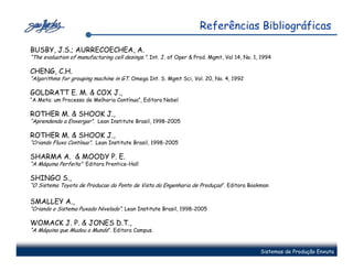 Referências Bibliográficas

BUSBY, J.S.; AURRECOECHEA, A.
“The evaluation of manufacturing cell desings.”. Int. J. of Oper & Prod. Mgmt, Vol 14, No. 1, 1994

CHENG, C.H.
“Algorithms for grouping machine in GT. Omega Int. S. Mgmt Sci, Vol. 20, No. 4, 1992

GOLDRATT E. M. & COX J.,
“A Meta: um Processo de Melhoria Contínua”, Editora Nobel

ROTHER M. & SHOOK J.,
“Aprendendo a Enxergar”. Lean Institute Brasil, 1998-2005

ROTHER M. & SHOOK J.,
“Criando Fluxo Contínuo”. Lean Institute Brasil, 1998-2005

SHARMA A. & MOODY P. E.
“A Máquina Perfeita” Editora Prentice-Hall

SHINGO S.,
“O Sistema Toyota de Producao do Ponto de Vista da Engenharia de Produçao”. Editora Bookman

SMALLEY A.,
“Criando o Sistema Puxado Nivelado”. Lean Institute Brasil, 1998-2005

WOMACK J. P. & JONES D.T.,
“A Máquina que Mudou o Mundo”. Editora Campus.


                                                                                             Sistemas de Produção Enxuta
 
