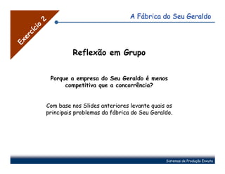 A Fábrica do Seu Geraldo


        2
      o
       ci
     cí
   er
Ex




                     Reflexão em Grupo


             Porque a empresa do Seu Geraldo é menos
                  competitiva que a concorrência?


            Com base nos Slides anteriores levante quais os
            principais problemas da fábrica do Seu Geraldo.




                                                        Sistemas de Produção Enxuta
 