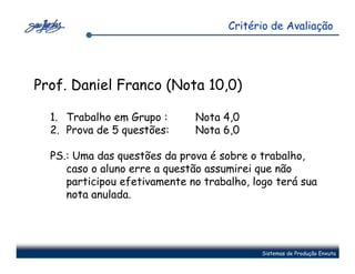 Critério de Avaliação




Prof. Daniel Franco (Nota 10,0)

  1. Trabalho em Grupo :      Nota 4,0
  2. Prova de 5 questões:     Nota 6,0

  PS.: Uma das questões da prova é sobre o trabalho,
     caso o aluno erre a questão assumirei que não
     participou efetivamente no trabalho, logo terá sua
     nota anulada.




                                            Sistemas de Produção Enxuta
 