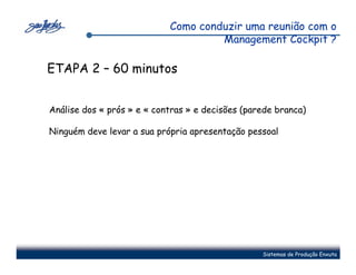 Como conduzir uma reunião com o
                                     Management Cockpit ?

ETAPA 2 – 60 minutos


Análise dos « prós » e « contras » e decisões (parede branca)

Ninguém deve levar a sua própria apresentação pessoal




                                                  Sistemas de Produção Enxuta
 