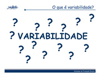 O que é variabilidade?



 ?         ?          ? ?
        ?     ?
? VARIABILIDADE
   ?   ?     ?    ?
     ?    ?     ?
                     Sistemas de Produção Enxuta
 