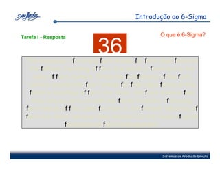 Introdução ao 6-Sigma

Tarefa I - Resposta                              O que é 6-Sigma?


                           36
  The necessity of training farm hands for first class farms in
   the fatherly handling of farm live stock is foremost in the
     eyes of farm owners. Since the forefathers of the farm
   owners trained the farm hands for first class farms in the
   fatherly handling of farm live stock, the farm owners feel
    they should carry on with the family tradition of training
  farm hands of first class farmers in the fatherly handling of
  farm live stock because they believe it is the basis of good
                fundamental farm management.



                                                  Sistemas de Produção Enxuta
 