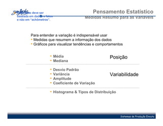 4. Toda ação deve ser                              Pensamento Estatístico
   baseada em dados e fatos
   e não em “achômetros”.
                                               Medidas Resumo para as Variáveis



           Para entender a variação é indispensável usar
           • Medidas que resumem a informação dos dados
           • Gráficos para visualizar tendências e comportamentos

                         • Média                          Posição
                         • Mediana
                         •    Desvio Padrão
                         •    Variância                   Variabilidade
                         •    Amplitude
                         •    Coeficiente de Variação

                         • Histograma & Tipos de Distribuição




                                                                Sistemas de Produção Enxuta
 