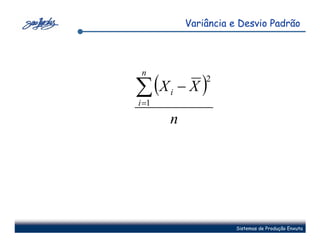 Variância e Desvio Padrão




 n

∑ (X       −X)
               2
       i
i =1
       n




                      Sistemas de Produção Enxuta
 