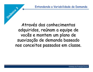 Entendendo a Variabilidade de Demanda


        3
        a
    ic
   mâ
 in
D




            Através dos conhecimentos
           adquiridos, reúnam a equipe de
            vocês e montem um plano de
          suavização de demanda baseado
         nos conceitos passados em classe.



                                         Sistemas de Produção Enxuta
 
