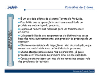 Conceitos do Jidoka


                         É um dos dois pilares do Sistema Toyota de Produção.
                         Possibilita que as operações construam a qualidade do
                       produto em cada etapa do processo.
                         Separa os homens das máquinas para um trabalho mais
Stop at first defect




                       eficiente.
 Jidoka & Andon




                         Dá a possibilidade aos equipamentos de distinguir as peças
                       boas das ruins autonomamente, sem precisar da presença de um
                       operador.
                         Elimina a necessidade de inspeção na linha de produção, o que
                       aumenta a produtividade e confiabilidade do processo.
                         Chama atenção para a causa-raiz do problema, já que o
                       processo é interrompido no primeiro sinal de não qualidade.
                         Conduz a um processo contínuo de melhorias nas causas-raiz
                       dos problemas detectados.


                                                                     Sistemas de Produção Enxuta
 