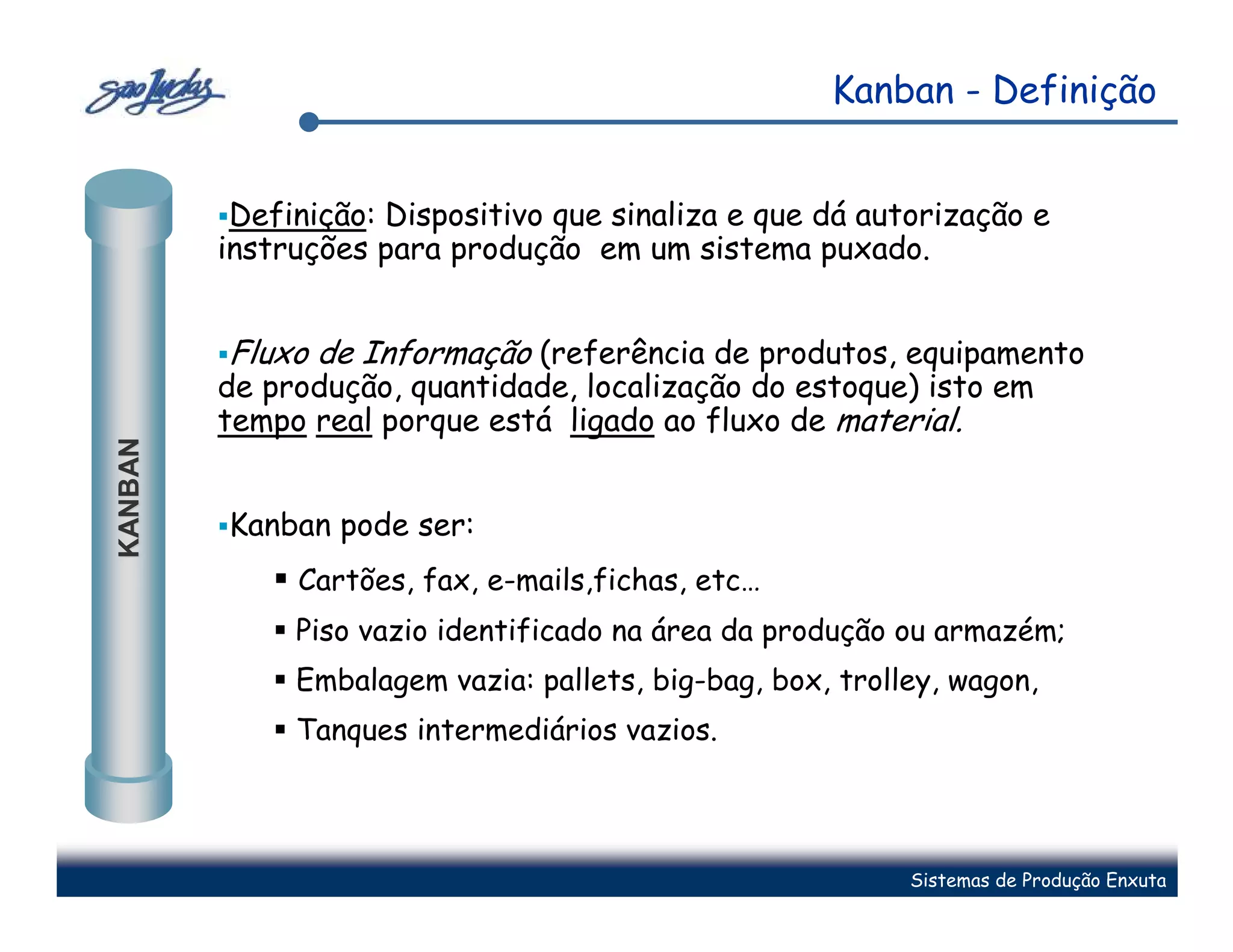 Kanban - Definição


          Definição: Dispositivo que sinaliza e que dá autorização e
         instruções para produção em um sistema puxado.


         Fluxo de Informação (referência de produtos, equipamento
         de produção, quantidade, localização do estoque) isto em
         tempo real porque está ligado ao fluxo de material.
KANBAN




         Kanban pode ser:
              Cartões, fax, e-mails,fichas, etc…
              Piso vazio identificado na área da produção ou armazém;
              Embalagem vazia: pallets, big-bag, box, trolley, wagon,
              Tanques intermediários vazios.



                                                           Sistemas de Produção Enxuta
 