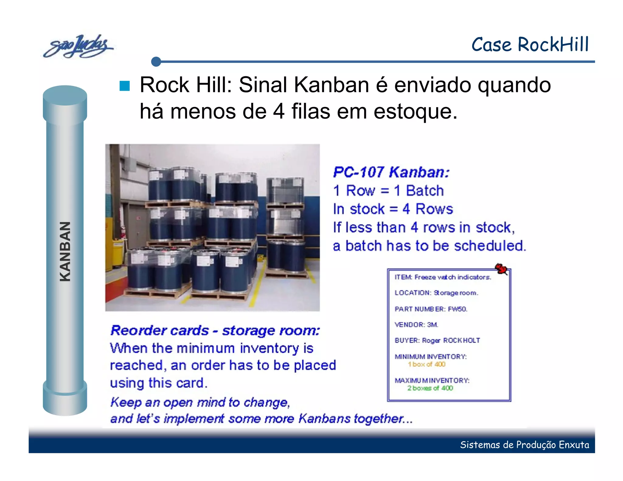 Case RockHill

         Rock Hill: Sinal Kanban é enviado quando
         há menos de 4 filas em estoque.
KANBAN




                                        Sistemas de Produção Enxuta
 