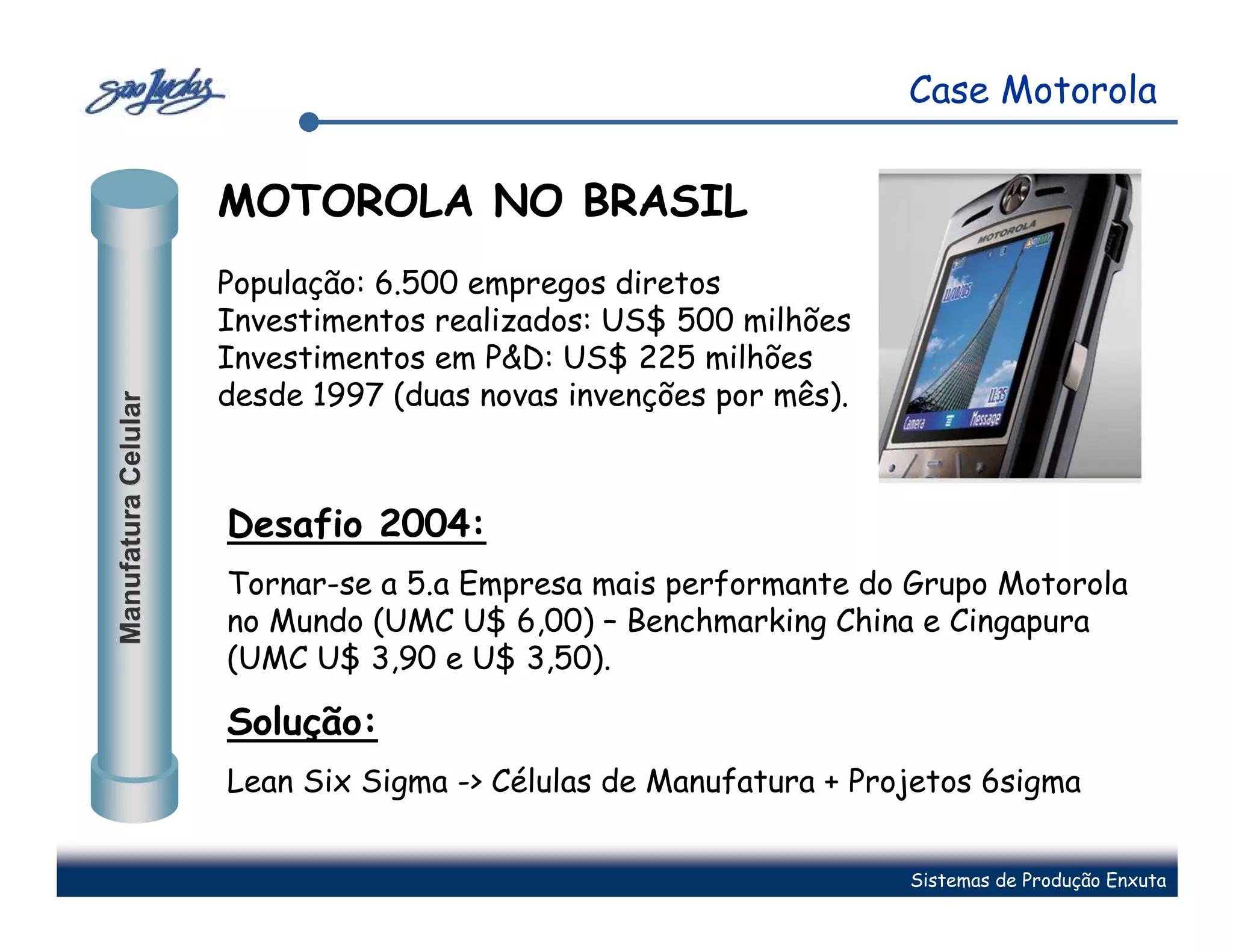 Case Motorola


                     MOTOROLA NO BRASIL
                     População: 6.500 empregos diretos
                     Investimentos realizados: US$ 500 milhões
                     Investimentos em P&D: US$ 225 milhões
                     desde 1997 (duas novas invenções por mês).
Manufatura Celular




                     Desafio 2004:
                     Tornar-se a 5.a Empresa mais performante do Grupo Motorola
                     no Mundo (UMC U$ 6,00) – Benchmarking China e Cingapura
                     (UMC U$ 3,90 e U$ 3,50).

                     Solução:
                     Lean Six Sigma -> Células de Manufatura + Projetos 6sigma


                                                                  Sistemas de Produção Enxuta
 