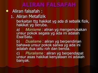 ALIRAN FALSAFAH Aliran falsafah : 1. Aliran Metafizik berkaitan ttg hakikat yg ada di sebalik fizik, hakikat yg beruba. a) Monisme  :  aliran yg mengemukakan unsur pokok segala yg ada ini adalah Esa/Satu. b) Dualisme  : aliran yg berpendirian bahawa unsur pokok sarwa yg ada ini adalah dua iaitu roh dan benda. c) Pluralisme   : aliran yg berpendapat unsur asas hakikat kenyataan ini adalah banyak. 