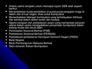 Antara usaha kerajaan untuk mencapai tujuan DEB ialah seperti berikut: Menambahkan kuota pendidikan di pusat-pusat pengajian tinggi di dalam dan di luar negeri, khas untuk bumiputera. Menambahkan bilangan bumiputera yang berkelayakan ikthtisas dan teknikal dalam sektor awam dan swasta. Agensi kerajaan dan perbadanan awam yang memainkan peranan utama dalam usaha menggalakkan penyertaan bumiputera dalam bidang modal dan ekuiti ialah: Permodalan Nasional Berhad (PNB) Perbadanan Nasional Berhad (PERNAS) Perbadanan-perbadanan Kemajuan Ekonomi Negeri (PKEN) Bank Negara Bank Pembangunan Malaysia Berhad Skim Amanah Saham Bumiputera 