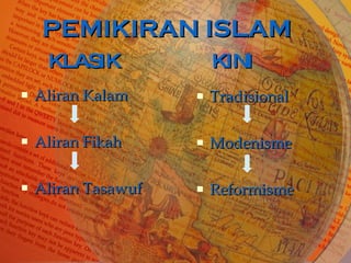 PEMIKIRAN ISLAM KLASIK  KINI   Aliran Kalam Aliran Fikah Aliran Tasawuf Tradisional  Modenisme Reformisme 